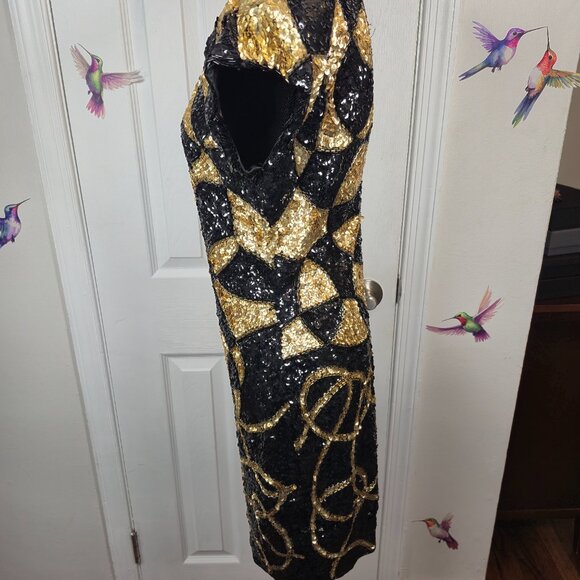 Vintage Cache Black & Gold Sequin Dress S8 80/90s Geometric Abstract Party Dress - Picture 4 of 10